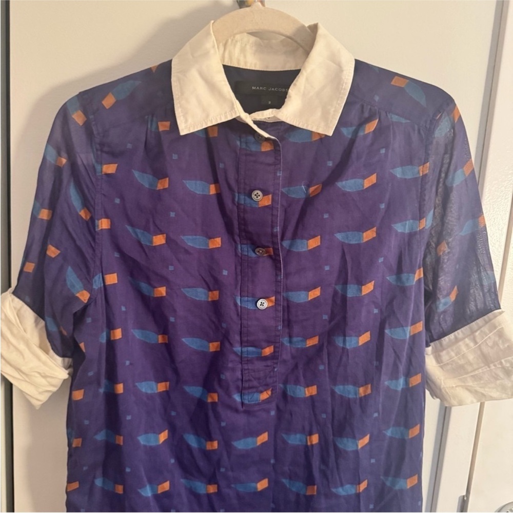 Marc Jacobs Blue Printed Polo Shirt Dress with Cream Collar and Cuffs - Picture 3 of 5
